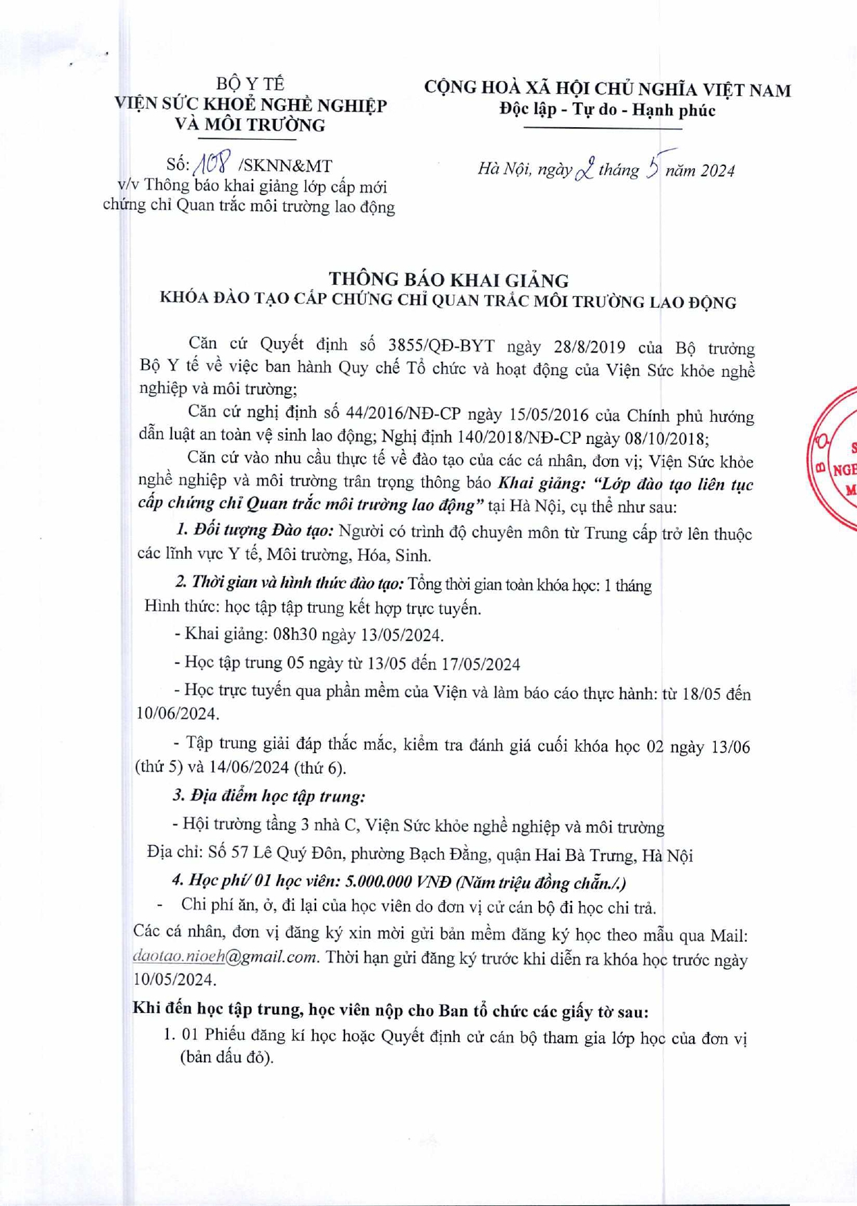 THÔNG BÁO KHAI GIẢNG KHÓA ĐÀO TẠO CẤP CHỨNG CHỈ QUAN TRẮC MÔI TRƯỜNG LAO ĐỘNG